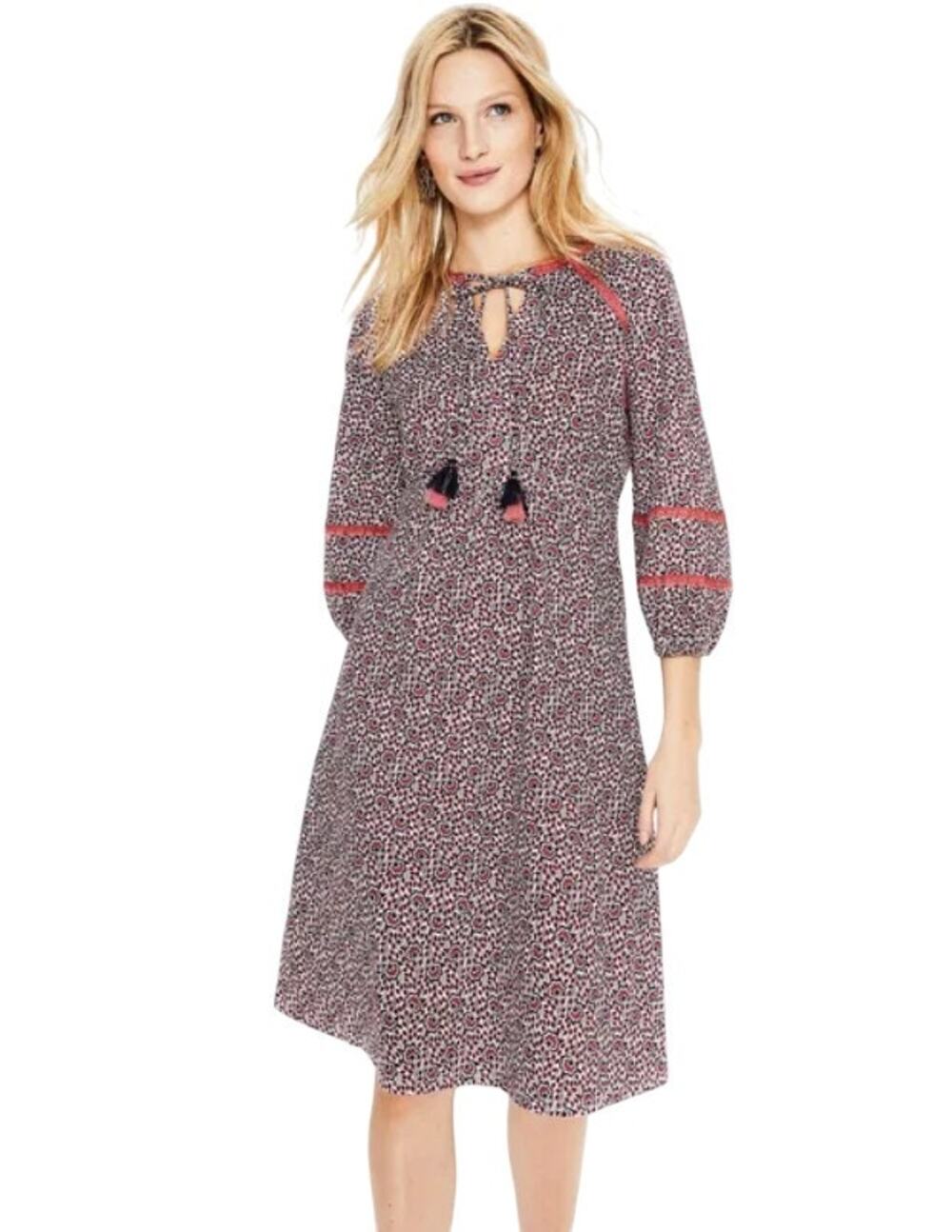 Boden White Floral Heidi Tassel Tie Cotton Jersey 3/4 Sleeve Dress
